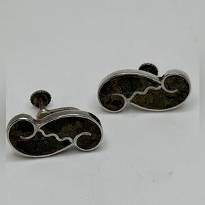 Vintage Silver Mexico Jasper Chip Green Inlay  Screw Back Earrings